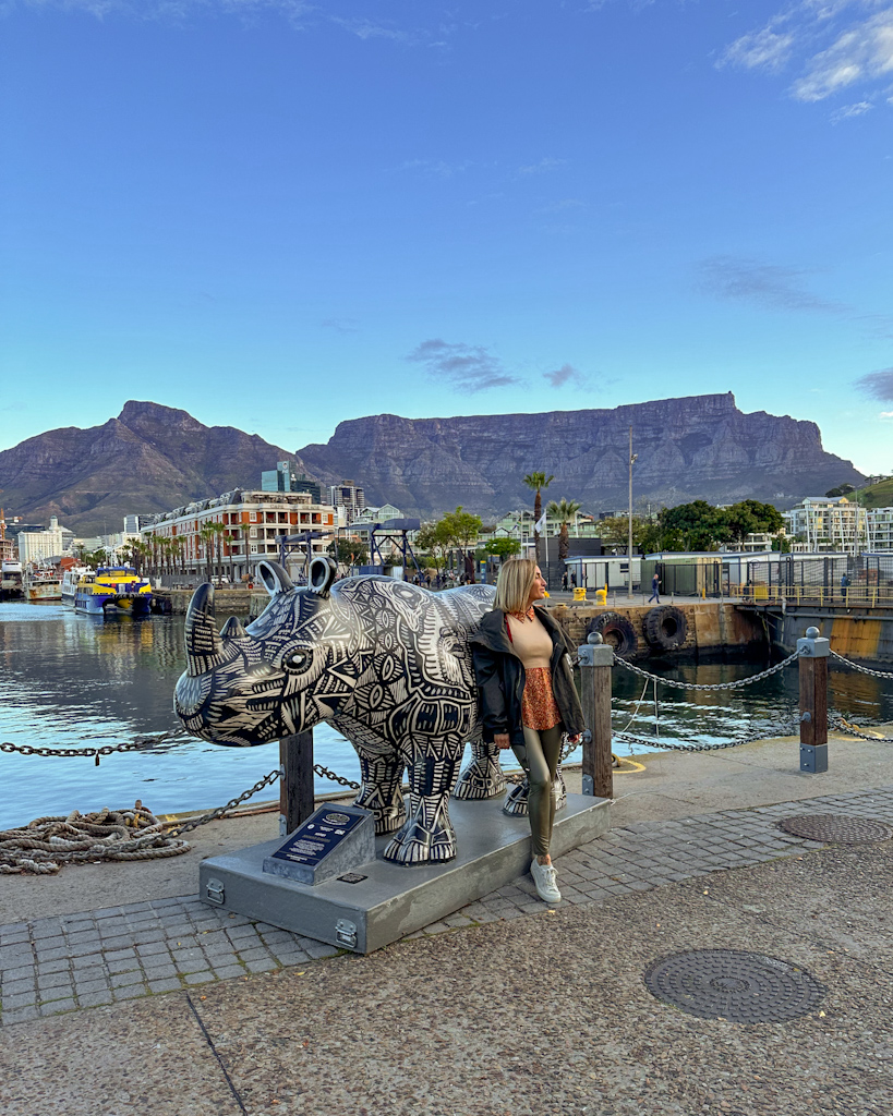 RAGAZZA-APPOGGIATA-A-UNA-STATUA-DI-UN-RINOCERONTE-CON-DIETRO-LA-TABLE-MOUNTAIN-A-CAPE-TOWN