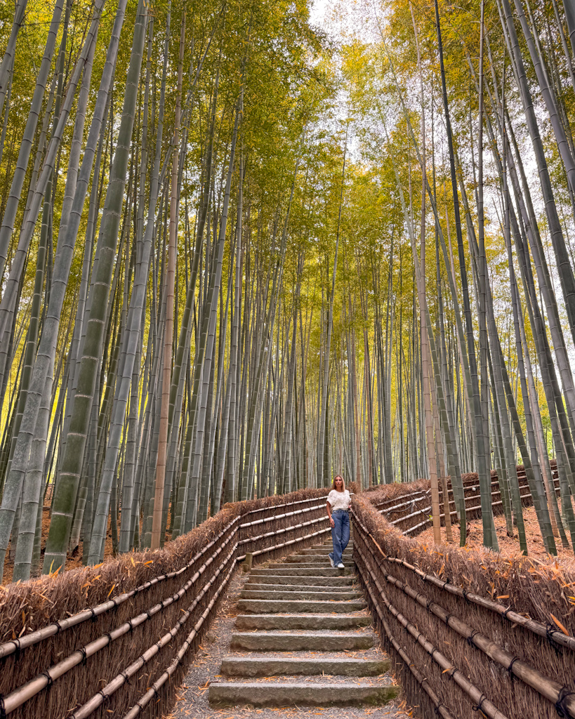 Ragazza dentro a una foresta di bambù al tempio Nembutsuji a kyoto